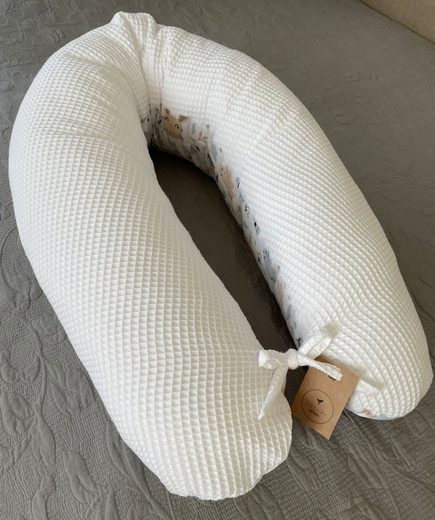 LOOLAY Stillkissen Waffelpique Seitenschläferkissen XXL Schwangerschaftskissen 170 cm Stillkissen + Bezug (Reißverschluss); Attmungsaktive WAFFEL + GLATT Baumwolle WEICH Stillkissen MUSTERN: HASE Beige/ GRAU, MINZE, WEIß, ROS zollfrei