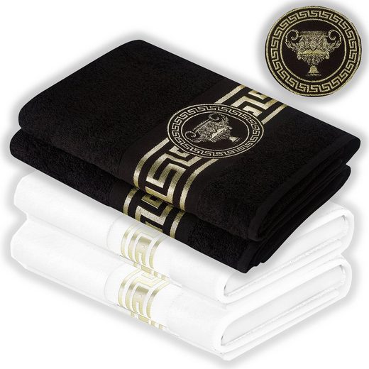 BELLE ARTI Handtücher Gästehandtücher Badetücher Duschtücher Saunatücher Mäander Amphore Set (1-St), schwarz weiss, gold hochwertig eingestickt Baumwolle weich saugstark mehr Räumungsverkauf