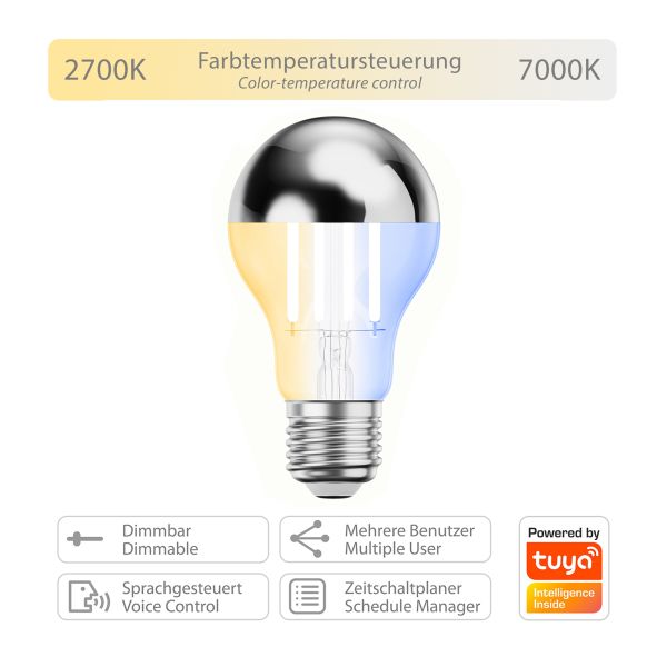 E27 LED Leuchtmittel, A60, warmweiß - kaltweiß (2700 - 7000 K), 4,8 W, 486lm, Smart Home, WLAN, Alexa, Kopfspiegel (silber) JETZT KAUFEN