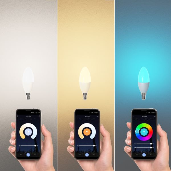 E14 LED RGB Leuchtmittel, Kerze, warmweiß - kaltweiß (2900 - 6400 K), 5,1 W, 572lm, Smart Home, WLAN, Alexa, matt Clearance-Verkauf