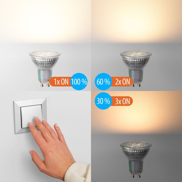 GU10 LED Leuchtmittel, PAR16, warmweiß (2800 K), 6,3 W, 374lm, 70°, 3-Stufen-Dimmer, Reflektorspiegel (silber) zollfrei