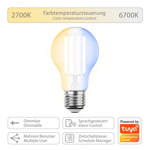 E27 LED Leuchtmittel, A60, warmweiß - kaltweiß (2700 - 6700 K), 7 W, 1005lm, Smart Home, WLAN, Alexa Verkauf