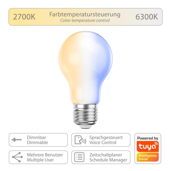 E27 LED Leuchtmittel, A60, warmweiß - kaltweiß (2700 - 6300 K), 6,7 W, 918lm, Smart Home, WLAN, Alexa, Milchglas Hotsell