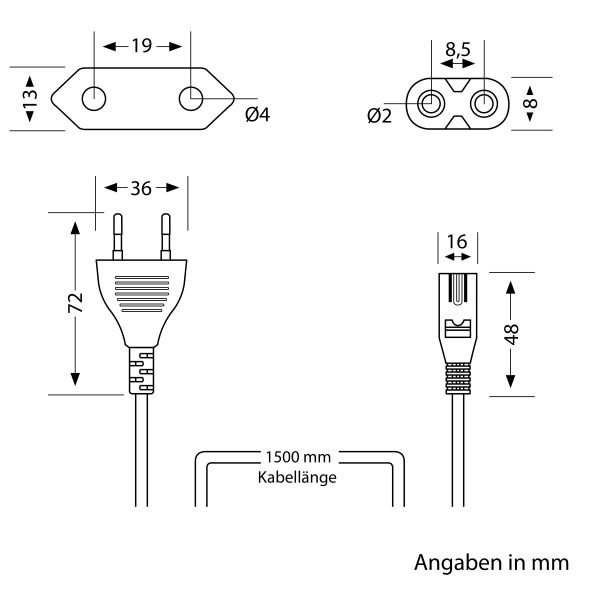 Anschlusskabel von Eurostecker Typ C auf Stecksystem Gerätestecker C7/C8, 1,5m, weiß Tiefpreis