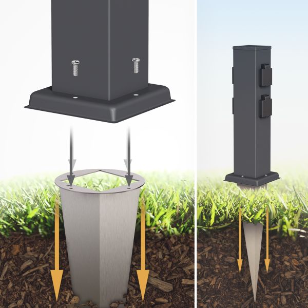 Garten-Steckdosen-Säule Polly mit Erdspieß für außen, 4-Fach, Edelstahl, eckig, 38cm (Farbe, Mit Kabel wählbar) Bis zu 55% Rabatt