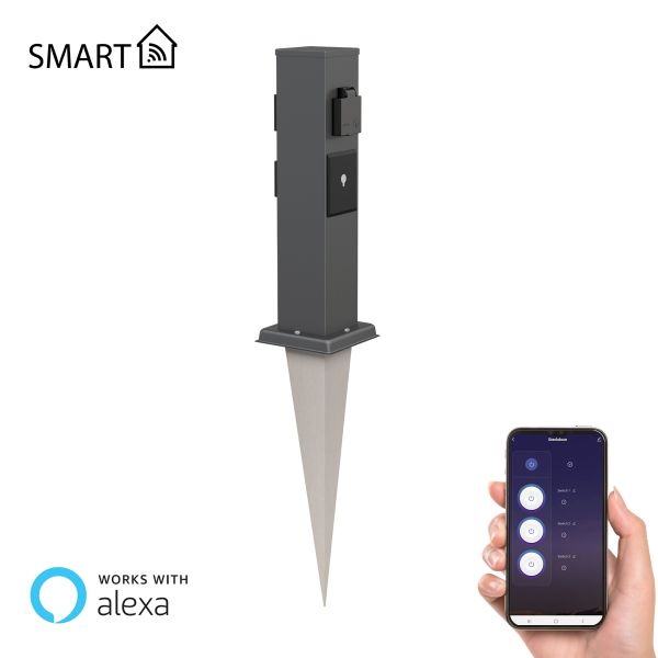 Garten-Steckdosen-Säule Polly mit Erdspieß für außen, 3-Fach, Smart Home, Edelstahl, eckig, 38cm (Farbe, Mit Kabel wählbar) Clearance-Verkauf