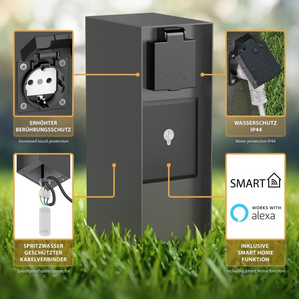 Garten-Steckdosensäule POMI mit Erdspieß für außen, IP44, Smart Home, WLAN, Alexa, 3-fach (Farbe, Mit Kabel wählbar) Rabatte dieses Monats