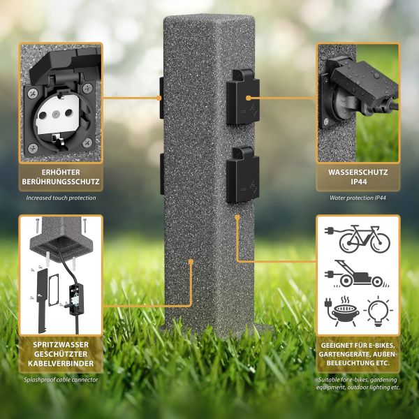 Garten-Steckdosen-Säule mit Erdspieß POCK für außen, 4-Fach, Stein-Optik, eckig, 39,5cm (Farbe, Mit Kabel wählbar) Fabrik Onlineshop