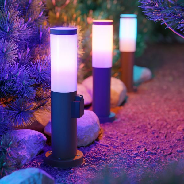 Pollerleuchte PORU mit Erdspieß für außen, edelstahl, rund, 38,5cm, Steckdose, inkl. Smart Home RGBW E27 LED Lampe, 892lm (Farbe, Mit Kabel wählbar) Rabatt