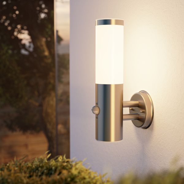 Wandleuchte PORU für außen, Edelstahl, rund, Bewegungsmelder + LED Lampe (Farbe, Leuchtmittel wählbar) Letzter Tag