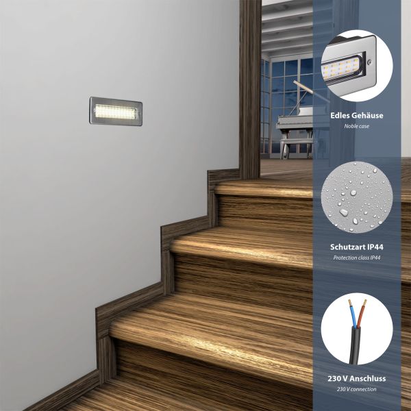 LED Treppenlicht/Wandeinbauleuchte für innen und außen, eckig, edelstahl, 198 x 61mm, 2,2 W, 248lm, warmweiß JETZT KAUFEN