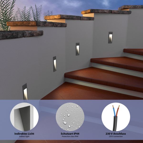LED Treppenlicht/Wandeinbauleuchte für innen und außen, Downlight, eckig, grau, 95 x 235mm, warmweiß Zeitbegrenzte Promotion
