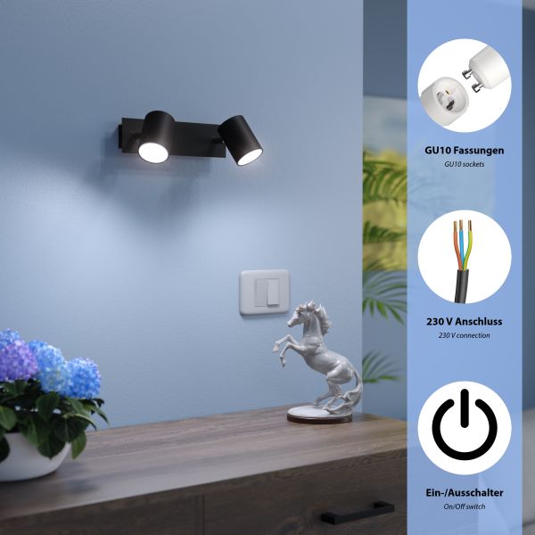Wandspot WAIKA, zweiflammig, mit Schalter, schwarz matt, inkl. Smart Home RGBW GU10 LED Lampen je 473lm Blitzverkäufe