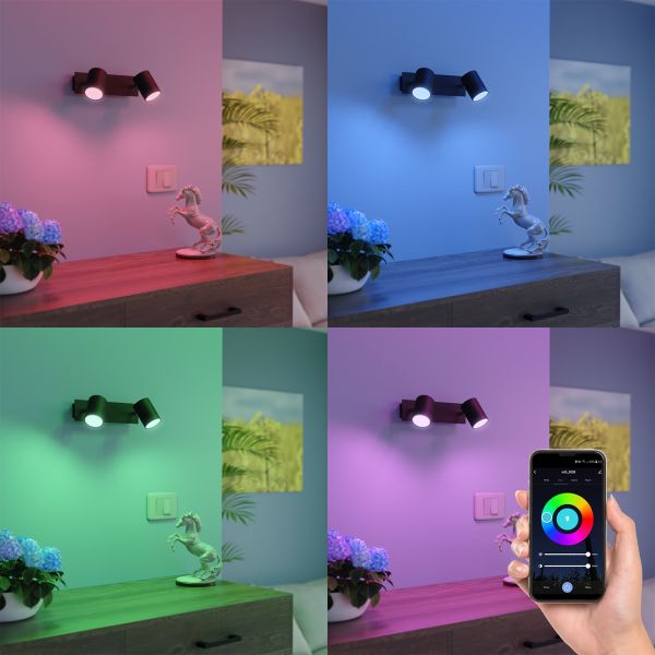 Wandspot WAIKA, zweiflammig, mit Schalter, schwarz matt, inkl. Smart Home RGBW GU10 LED Lampen je 473lm Blitzverkäufe