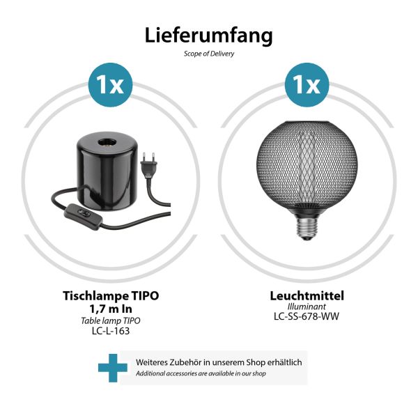 Tischlampe TIPO Porzellan, Stecker, Schalter, schwarz, inkl. E27 LED, G120, extra warmweiß, 4W, 220lm Sonderangebot