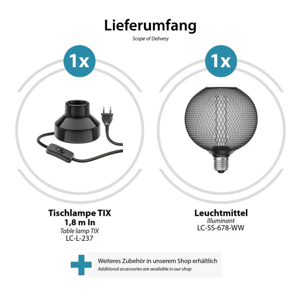 Porzellan Tischlampe TIX, Stecker, Schalter, schwarz, inkl. E27 LED, G120, extra warmweiß, 4W, 220lm Rabatt
