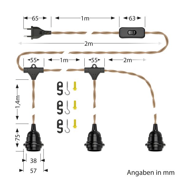 Hanf-Kabel / Textilkabel LEKA, Stecker, Schalter, beige , 8 m, Lampen-Fassung, 3x E27 max. 60W Großer Ausverkauf
