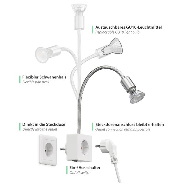 Steckdosenlampe LESCH Leselampe, chrom/weiß inkl. Smart Home GU10 LED Lampe 5,5W, 473lm Begrenztes Angebot