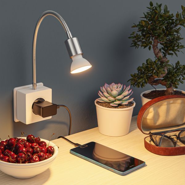 Steckdosenlampe LESCH Leselampe, chrom/weiß inkl. Smart Home GU10 LED Lampe 5,5W, 473lm Begrenztes Angebot
