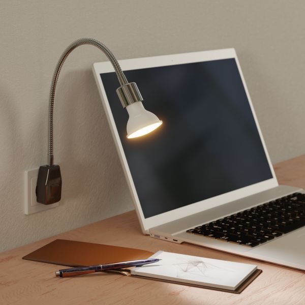 Steckdosenlampe LESCH Leselampe Schwanenhals, Schalter, Chrom inkl. Smart Home RGBW GU10 LED Lampe, 5,41W, 473lm (Farbe wählbar) Bis zu 50% Rabatt