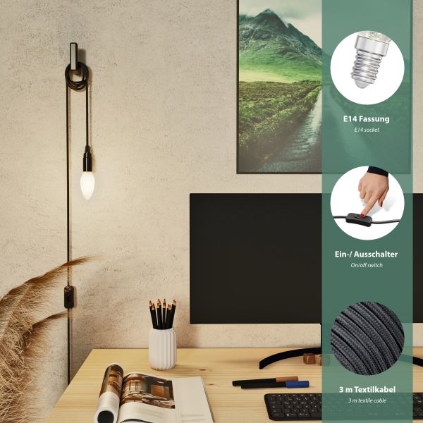 Textilkabel LEHA mit Stecker und Schalter, schwarz, 3m, inkl. Smart Home RGBW E14 LED Lampe, 4,925W, 572lm Auslauf