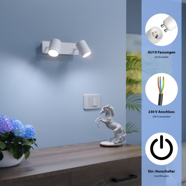 Wandspot WAIKA, zweiflammig, mit Schalter, weiß matt, inkl. Smart Home RGBW GU10 LED Lampen je 473lm Schlussverkauf