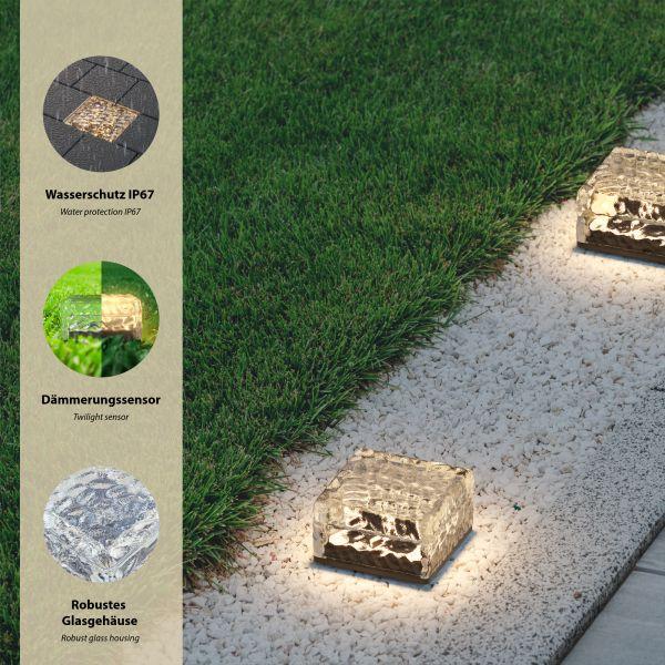 LED Solar-Pflasterstein Bodeneinbauleuchte BROSLO mit Erdspieß für außen, Glas, 10 x 10cm, warmweiß Online