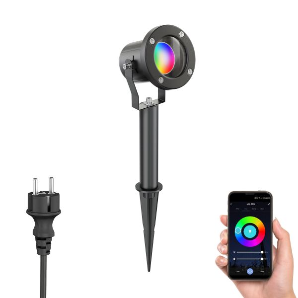 Gartenstrahler mit Erdspieß MIBU für außen Edelstahl, schwarz, inkl. Smart Home RGBW GU10 LED Lampe, 5,41W, 473lm