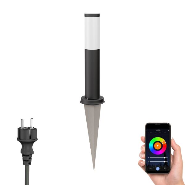 Pollerleuchte PORU Erdspieß für außen, Edelstahl, rund, 38,5cm, inkl. Smart Home RGBW E27 LED Lampe, 8,89W, 892lm (Farbe, Mit Kabel wählbar) Valentinstagsangebot