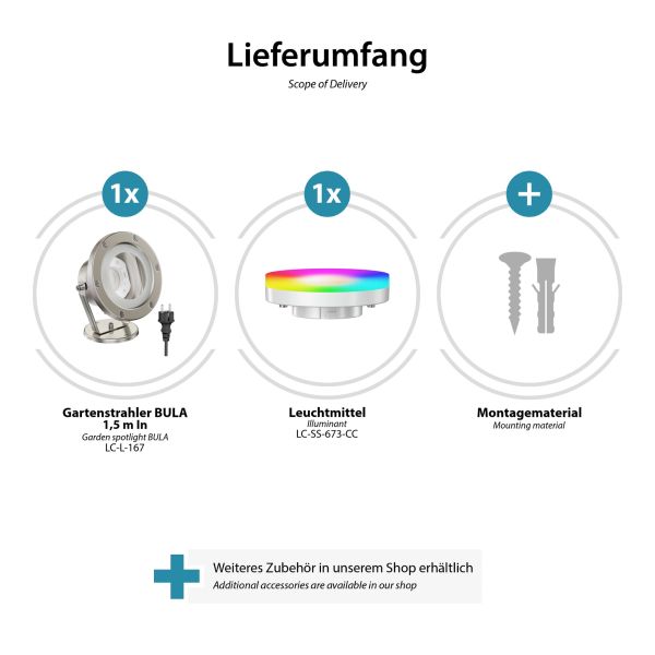Gartenstrahler BULA für außen, Edelstahl + RGB Leuchtmittel warmweiß - kaltweiß (2900 - 6200) Online Outlet