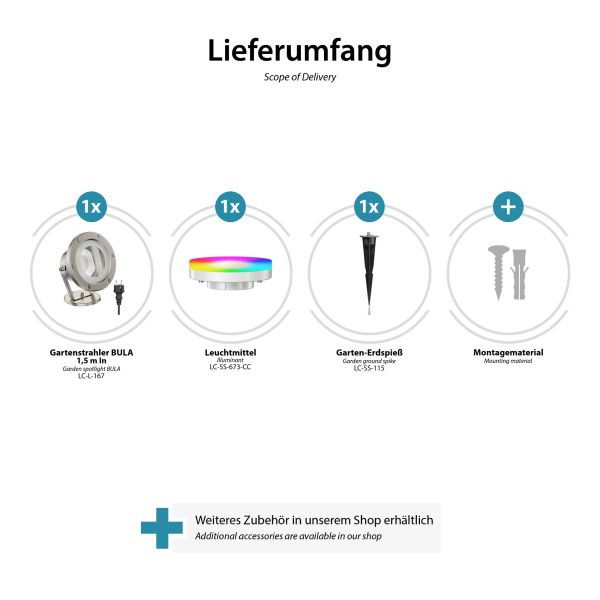 Gartenstrahler BULA mit Erdspieß für außen, Edelstahl + RGB Leuchtmittel warmweiß - kaltweiß (2900 - 6200) Zeitlich begrenztes Angebot
