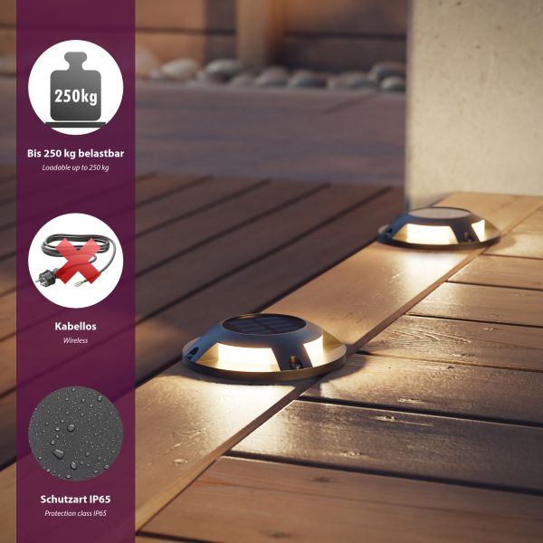 LED Solar-Bodenleuchte BUNSO für außen, IP65, Kunststoff, rund, 120 mm Ø, warmweiß Neuheiten