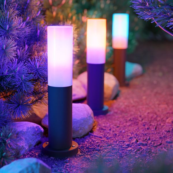 Pollerleuchte PORU, Glas, mit Erdspieß für außen, edelstahl, rund, 38,5cm, inkl. Smart Home RGBW E27 LED Lampe, 892lm (Farbe, Mit Kabel wählbar) Saisonale Angebote