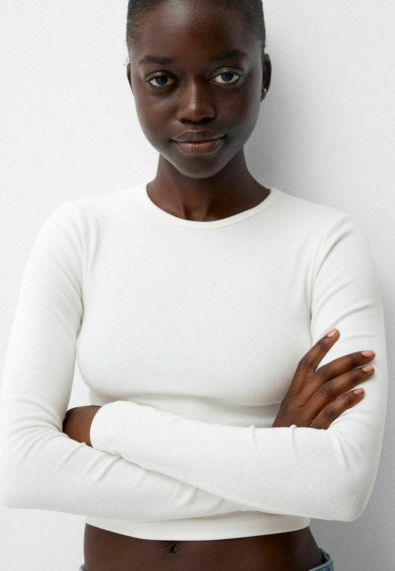 Bershka Bershka LONG SLEEVE - Long sleeved top - white Bis zu 65% Rabatt