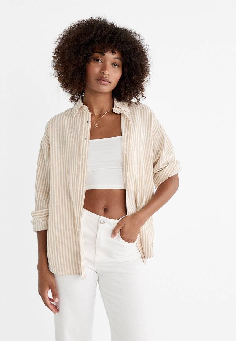 Stradivarius Stradivarius STRIPED - Button-down blouse - stone Super Rabatt