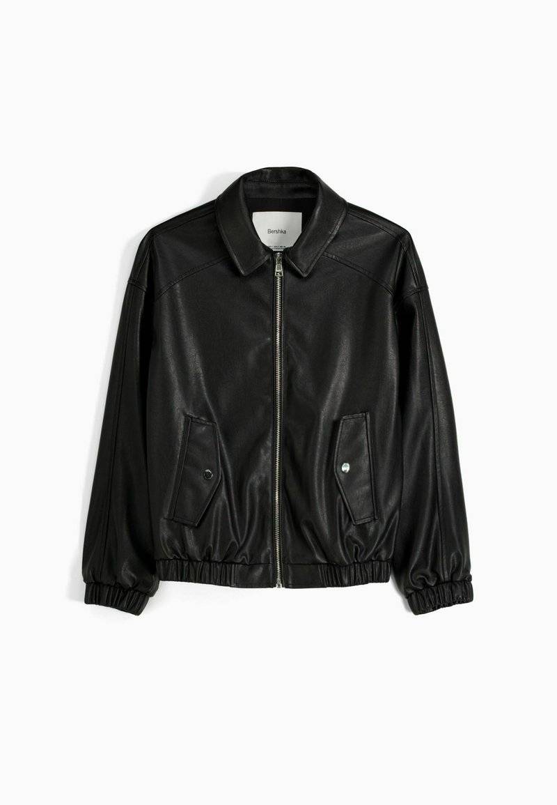 Bershka Bershka DAD FIT - Faux leather jacket - black 50% Rabatt mit kostenlosem Versand