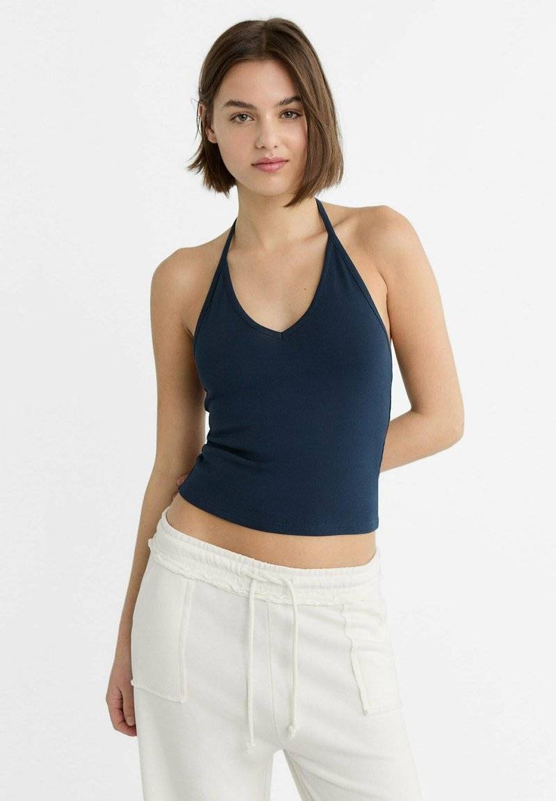 Stradivarius Stradivarius TIED HALTER - Top - dark blue Clearance-Verkauf